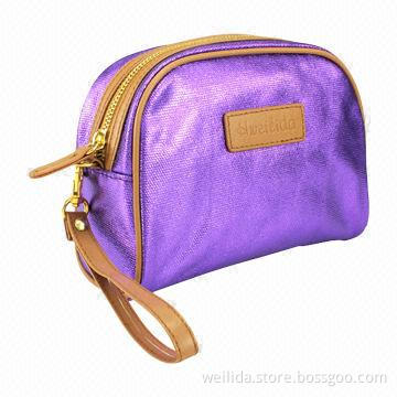 Canvas cosmetic bag with foil purple coating, 19x8x13.5cm, canvas+190T lining, with a wrist handle